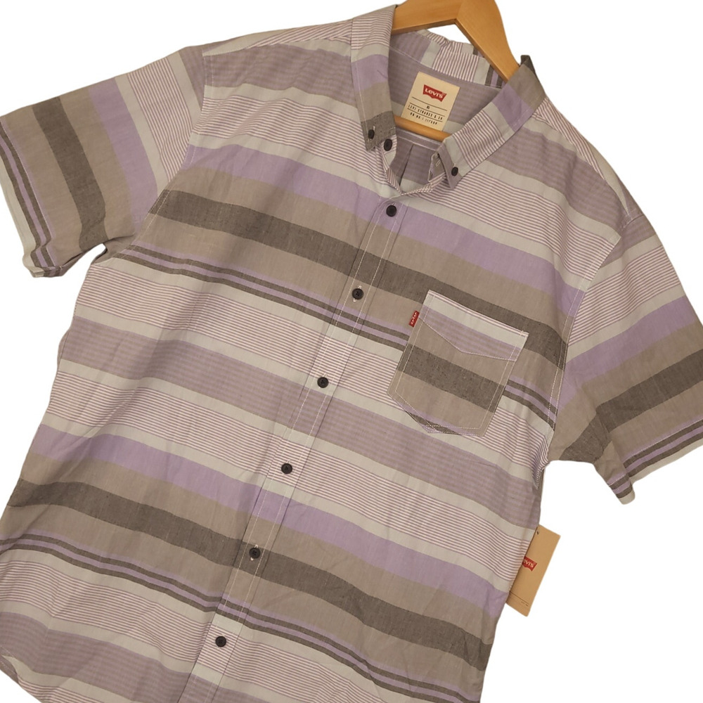 Levi's Men's Button-Up Shirt XL Short Sleeve Striped Casual Purple Gray NWT